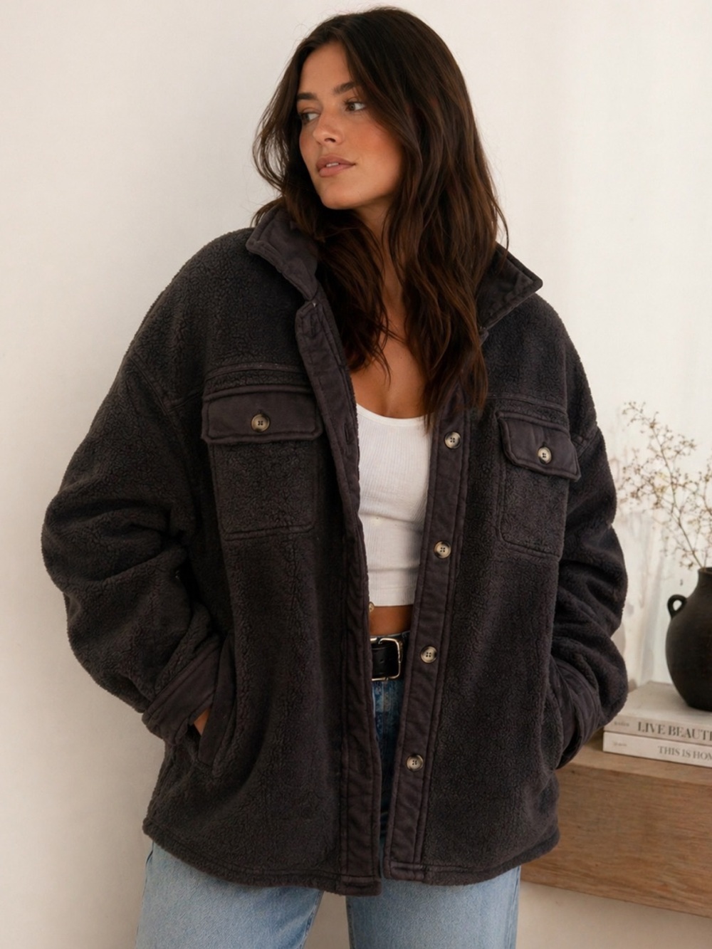 Olivaceous Fleece Shacket Brown Oversized Jacket Large Cozy